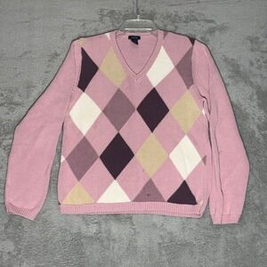 IZOD Womens Pink Argyle V-Neck Sweater Ramie Cotton Blend Size Large Preppy